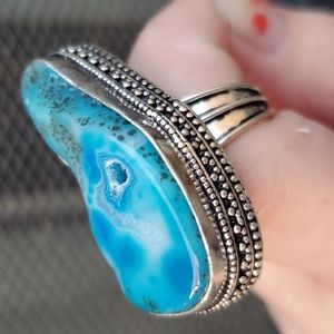 New Overzized Solar Quartz Agate 925 Silver Statement Ring.